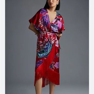 Anthropologie x DELFI Collective Fringed Dress Floral Print Red